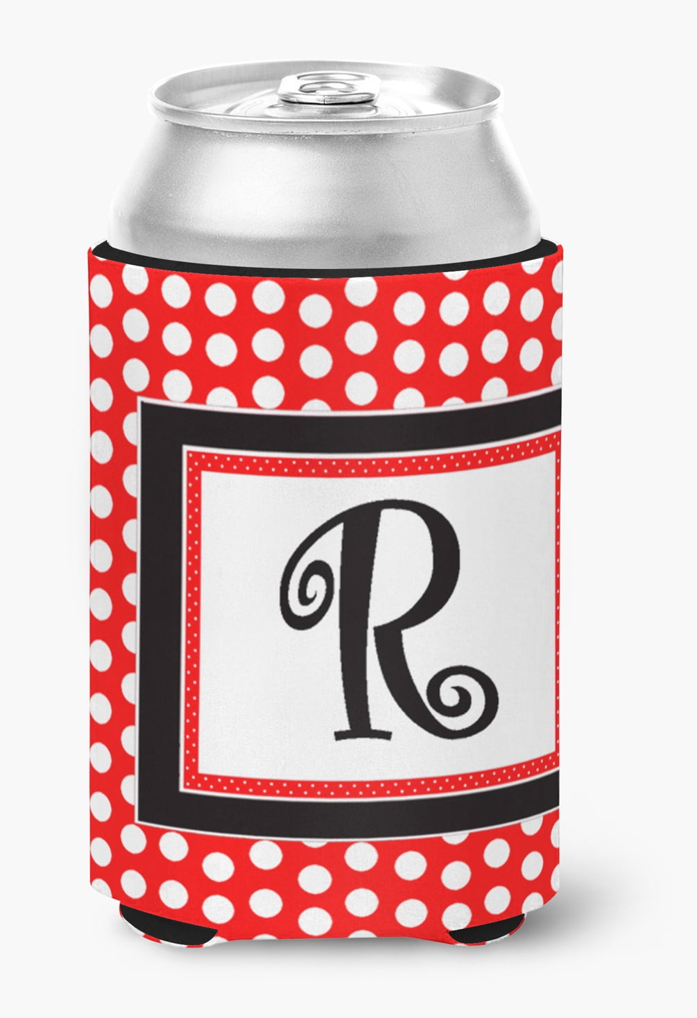 Letter R Initial Monogram - Red Black Polka Dots Can or Bottle Beverage Insulator Hugger