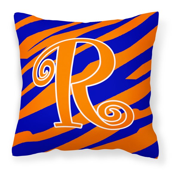 Letter R Initial Tiger Stripe Blue and Orange Fabric Decorative Pillow