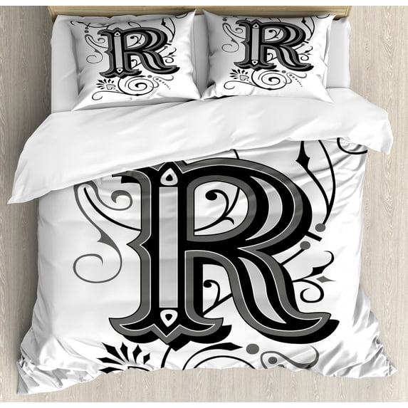 Letter R. King Letter R King Size Duvet Cover Set, Baroque Antique R Typography with ...