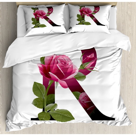 Letter R. King Letter R King Size Duvet Cover Set, Capitalized R Symbol with Flower of ...