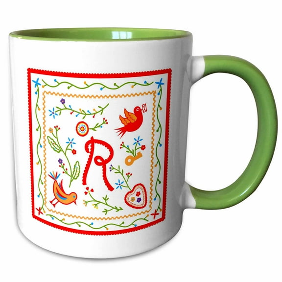 3drose, Letter R Monogram and Design Inpired by Portuguese Love Handkerchiefs Tradition, 11oz Two-tone Green Mug