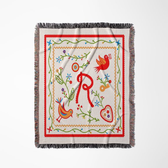 Letter R Monogram And Design Inpired By Portuguese Love Handkerchiefs Tradition, Woven Blanket
