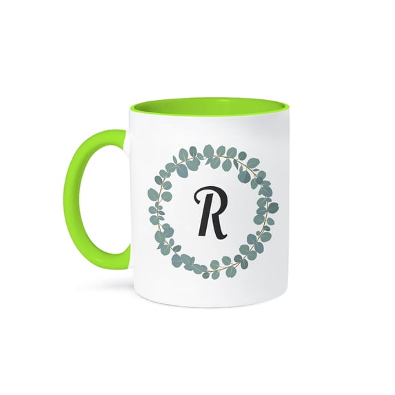 3dRose, Letter R Monogram Eucalyptus Leaves Wreath Elegant Greenery, 15oz Two-Tone Green Mug