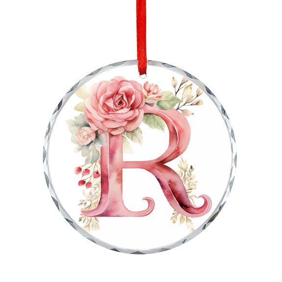 Letter R Monogram Initial Floral Watercolor Merry Christmas Wreath Crystal Glass Christmas Ornament English Letters Floral Hanging Ornament Hanging Craft Collectibles for Xmas Trees Home Party Gifts