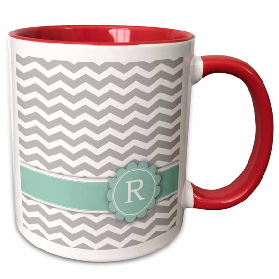 3drose, Letter R Monogrammed on Grey and White Chevron with Mint - Gray Zigzags - Personal Initial Zig Zags, 11oz Two-tone Red Mug