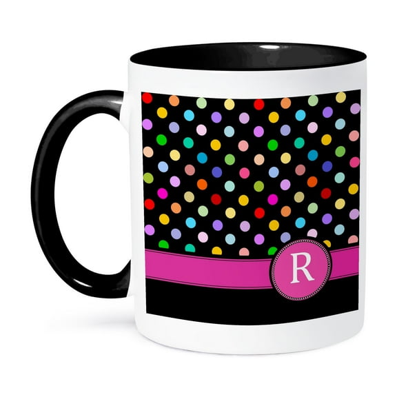 3dRose, Letter R monogrammed on rainbow polka dots pattern with hot pink personal initial - girly multicolor, 15oz Two-Tone Black Mug