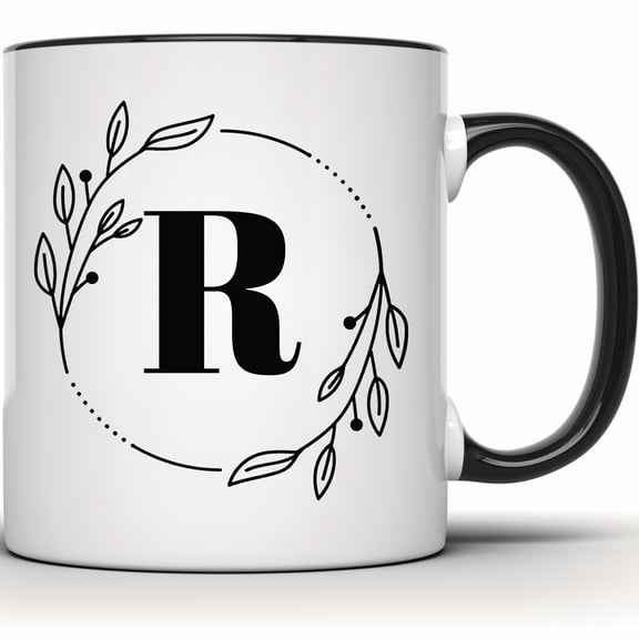 Letter R Mug - Floral Monogram Coffee Mug - Elegant Initial R Gift - Unique Personalized Name Mug - 11 Ounce Black Rim Handle Novelty Coffee Cup - WMUG0368-Black Rim