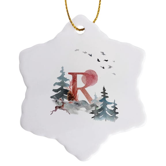 3drose, Letter R Personal Wood Animal Watercolor Monogram Personalized Initial, 3 inch Snowflake Porcelain Ornament
