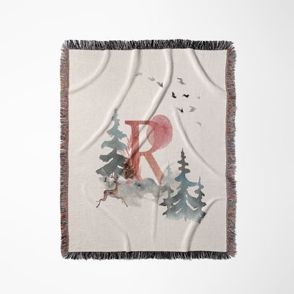 Letter R Personal Wood Animal Watercolor Monogram Personalized Initial, Woven Blanket
