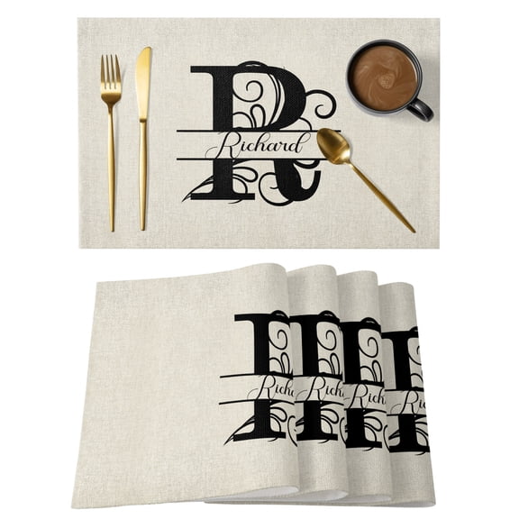 Letter R Placemats Set of 12, Cotton Linen Fabric Place Mats, Monogram Words Washable Decorative Table Mats Protector for Home Kitchen Dining Wedding Party Coffee Tables