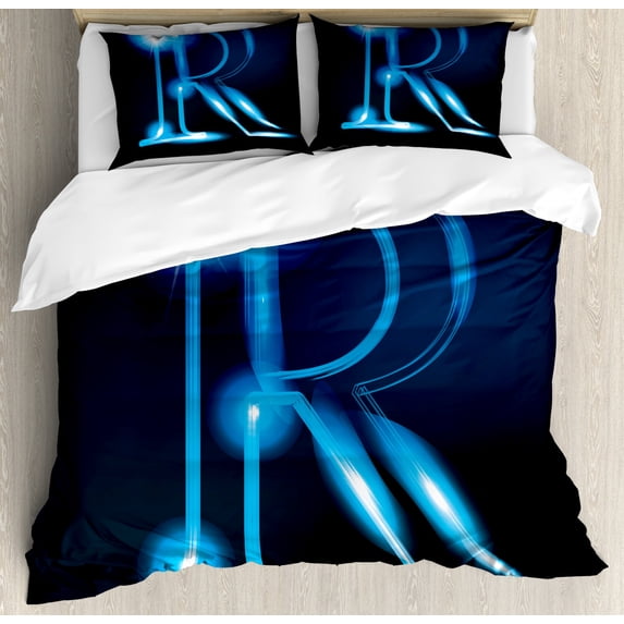 Letter R Queen Size Duvet Cover Set, Writing Language with Futuristic Design Elements Modern Themed Calligraphy Print, Decorative 3 Piece Bedding Set with 2 Pillow Shams, Blue Black, by Ambesonne