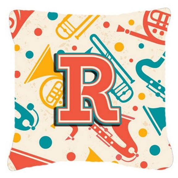 Letter R Retro Teal Orange Musical Instruments Initial Canvas Fabric Decorative Pillow