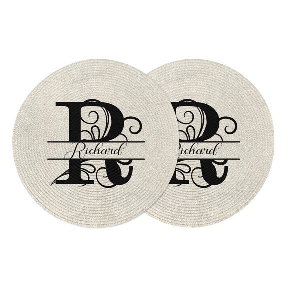Letter R Round Placemats Set of 2, Braided Polypropylene Place Mats, Monogram Words Washable Table Mats for Kitchen Dinner Holiday Wedding Party Coffee Table Decoration 15"