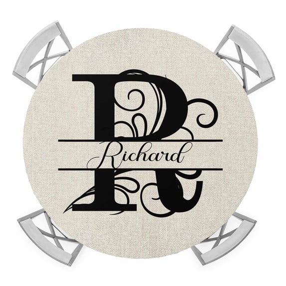 Letter R Round Tablecloth for 55-60 Inch Tables, Fitted Table Cover with Elastic Edge, Monogram Words Waterproof Outdoor Table Cloth Protector for Patio Garden Dinner Picnic