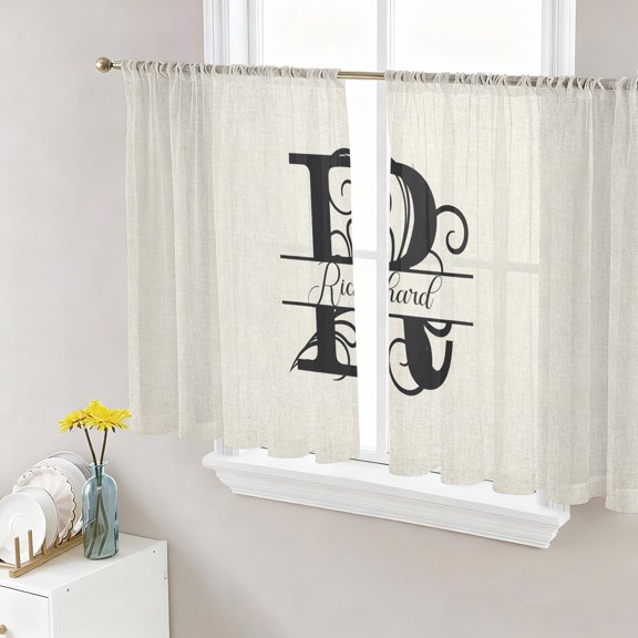 Letter R Semi Sheer Curtains 45 Inch Length 2 Panels Set, Monogram Words Sheer Kitchen Curtain Privacy Voile Window Curtain for Living Room Bedroom Rod Pocket Drapes