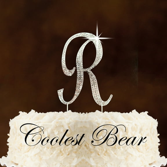 "Letter R", Silver - Coolest Bear Rhinestone Crystal Cake Topper