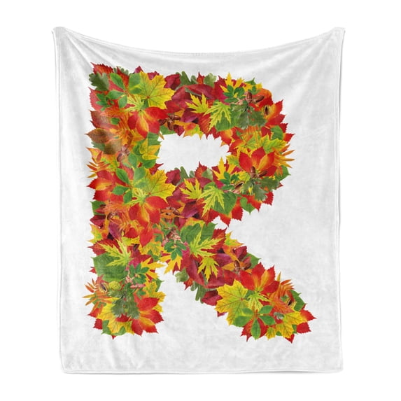 Letter R Soft Flannel Fleece Blanket, Floral R Made with Maple Leaves Bouquet Essence Autumn Inspirations Initials Theme, Cozy Plush for Indoor and Outdoor Use, 70" x 90", Multicolor, by Ambesonne