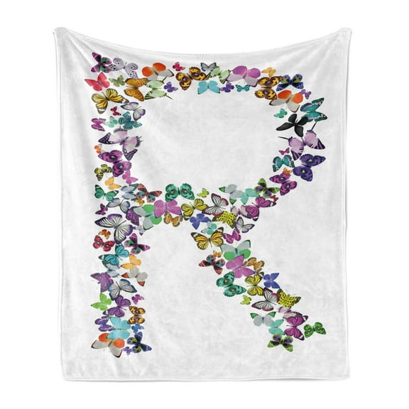 Letter R Soft Flannel Fleece Throw Blanket, Assortment of Butterflies in the Shape of Uppercase Letter Nature Inspired Font, Cozy Plush for Indoor and Outdoor Use, 50" x 60", Multicolor, by Ambesonne