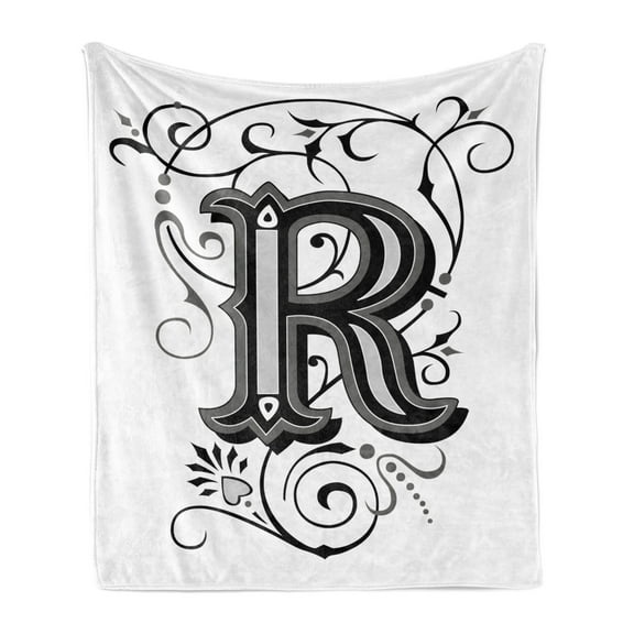 Letter R Soft Flannel Fleece Throw Blanket, Baroque Antique Typography Old Fashion English Aristocratic Swirls, Cozy Plush for Indoor and Outdoor Use, 60" x 80", Black Grey White, by Ambesonne