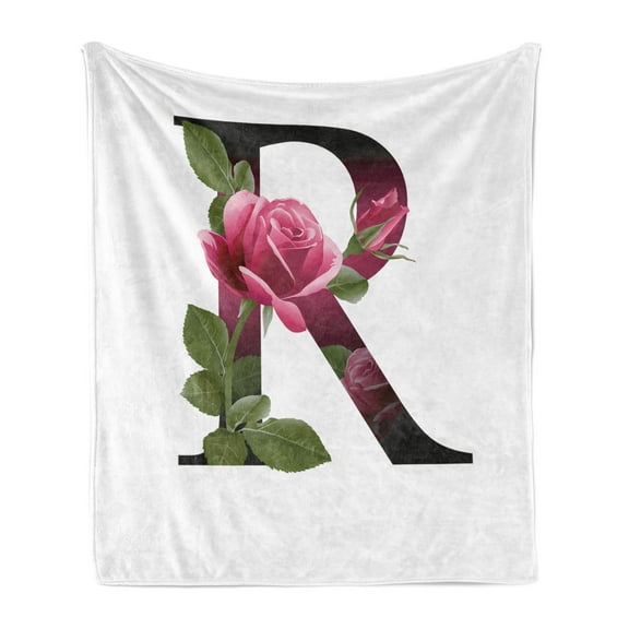 Letter R Soft Flannel Fleece Throw Blanket, Capitalized R with Flower of Love Rose Nature Inspired Font Alphabet, Cozy Plush for Indoor and Outdoor Use, 50" x 70", Pink Green White, by Ambesonne