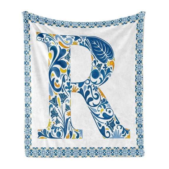 Letter R Soft Flannel Fleece Throw Blanket, Curly Blossoms Motifs Letter R Vintage Traditional Tiles Graphic, Cozy Plush for Indoor and Outdoor Use, 60" x 80", Blue Yellow Orange, by Ambesonne