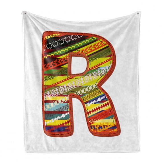 Letter R Soft Flannel Fleece Throw Blanket, Ornamental R Letter with Abstract Effects Shabby Form Pattern, Cozy Plush for Indoor and Outdoor Use, 50" x 70", Multicolor, by Ambesonne