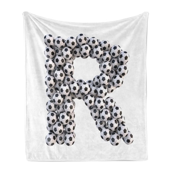 Letter R Soft Flannel Fleece Throw Blanket, Soccer Themed Pattern Abstract Alphabet Design Uppercase Character R Sign, Cozy Plush for Indoor and Outdoor Use, 50" x 70", Black and White, by Ambesonne
