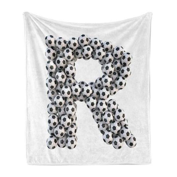 Letter R Soft Flannel Fleece Throw Blanket, Soccer Themed Pattern Abstract Alphabet Design Uppercase Character R Sign, Cozy Plush for Indoor and Outdoor Use, 60" x 80", Black and White, by Ambesonne