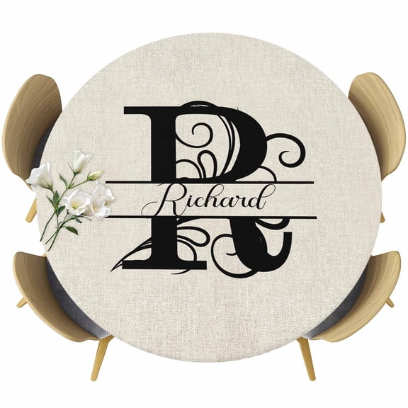 Letter R Table Cloth, Round Fitted Tablecloths with Elastic Edge, Monogram Words Wipeable Waterproof Table Cover for Kitchen Wedding 45-54 Inches