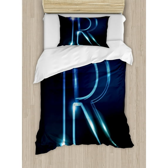 Letter R Twin Size Duvet Cover Set, Writing Language with Futuristic Design Elements Modern Themed Calligraphy Print, Decorative 2 Piece Bedding Set with 1 Pillow Sham, Blue Black, by Ambesonne