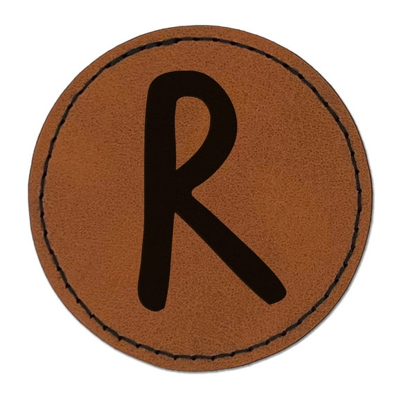 Letter R Uppercase Felt Marker Font 2.5" Faux Leather Round Engraved Iron-On Patch - Brown