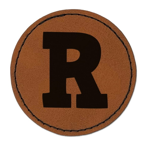 Letter R Uppercase Fun Bold Font 2.5" Faux Leather Round Engraved Iron-On Patch - Brown