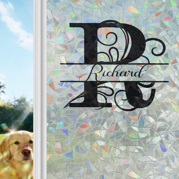 Letter R Window Privacy Film Stain Glass, Reusable Decorative Rainbow Window Film, Monogram Words Non-Adhesive Static Cling Sun Blocking Stickers Decals Covers 17.7" x 39.3" (2pcs)