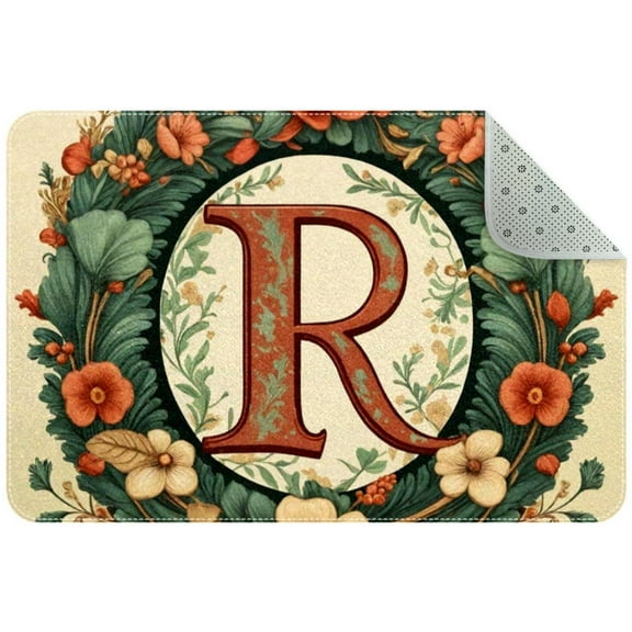 Letter R with Wreath Aesthetic Pattern Entryway Rug, 2x3 Area Rug Indoor Door Mat Non-slip Washable Floor Carpet Rug for Bedroom Office Dining Room Bathroom