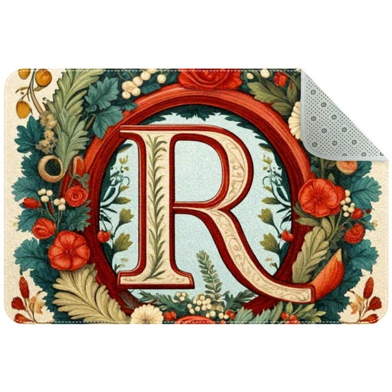 Letter R with Wreath Retro Pattern Entryway Rug, 2x3 Area Rug Indoor Door Mat Non-slip Washable Floor Carpet Rug for Bedroom Office Dining Room Bathroom