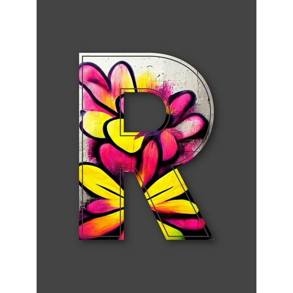 Letter R Yellow Pink Flower Decorative Graffiti Mural Alphabet Initial Stencil Extra Large XL Wall Art Poster Print