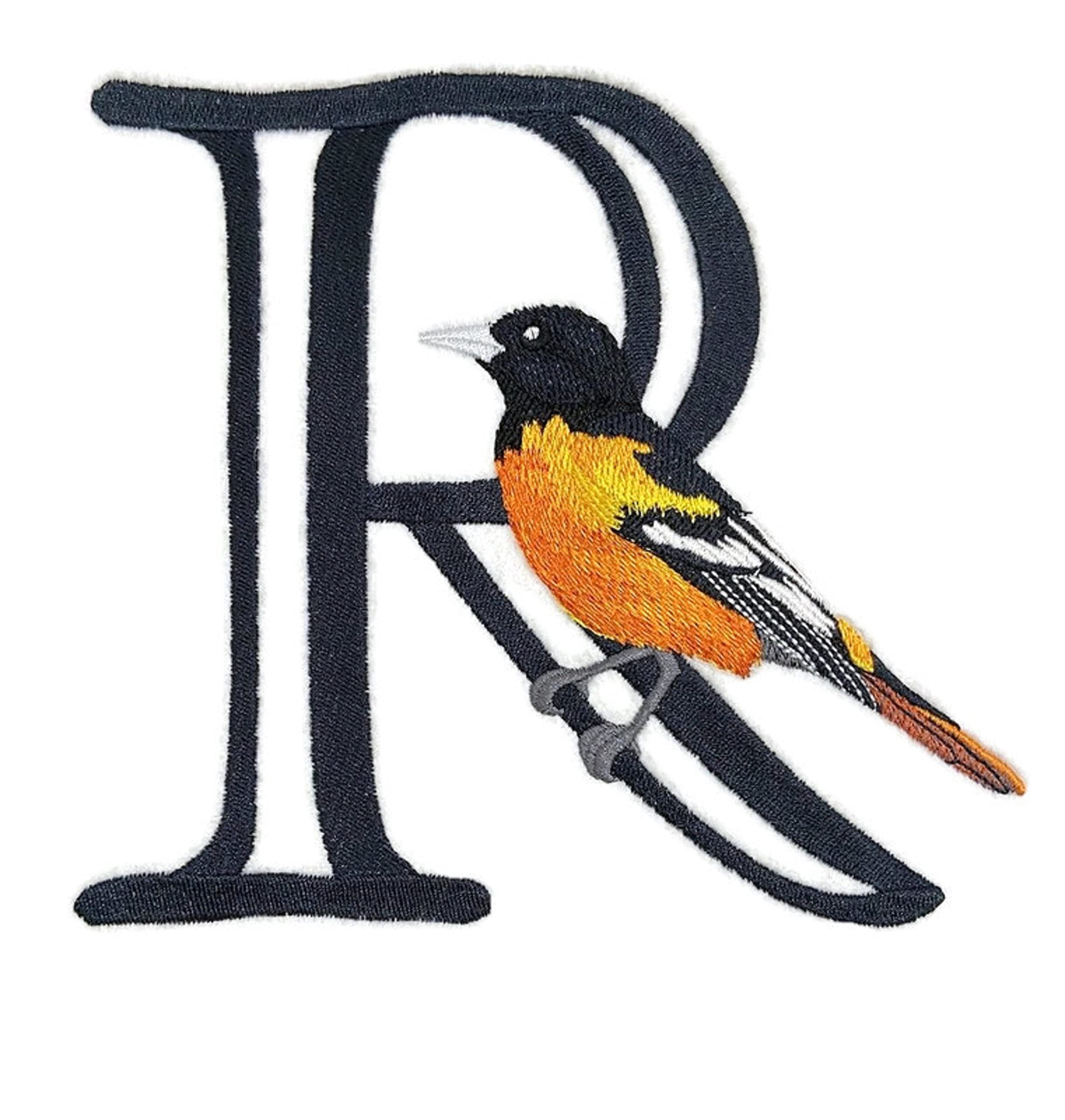 Letter R and Oriole Embroidered Iron On/Sew Patch (6.7" x 6.1")