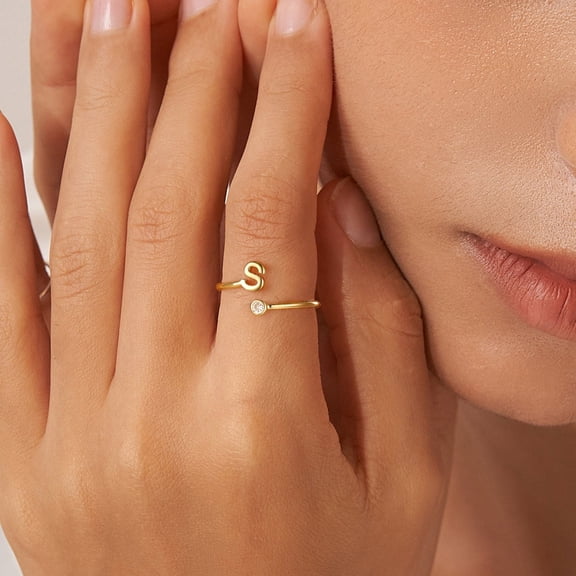 Turandoss 14K Gold Plated Dainty Initial Cz Open Rings for Women Girls Letter A-Z Custom Jewelry Personalized Birthday Gift for Women Teen Girls