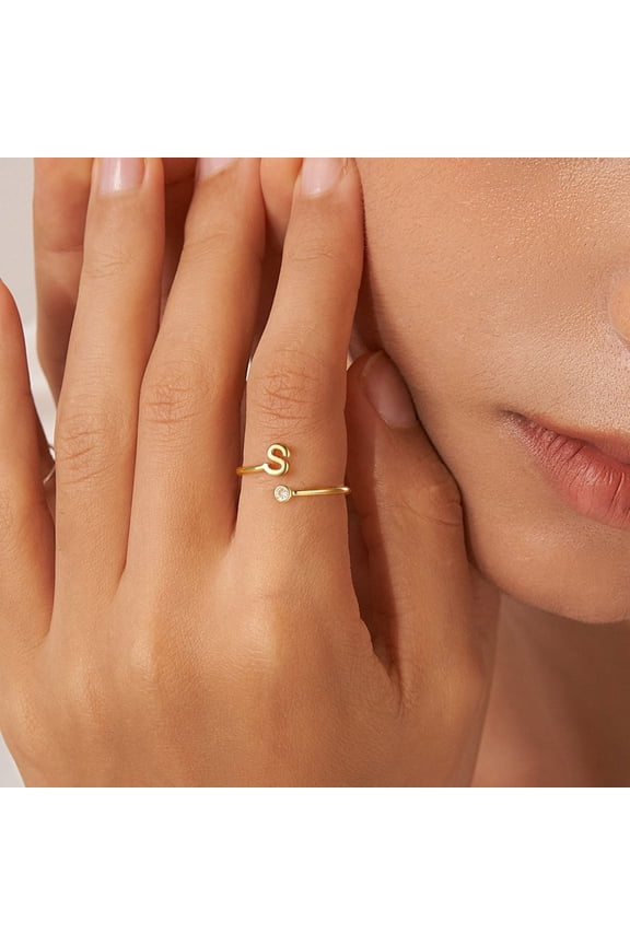 14K Gold Plated Dainty Initial Cz Open Rings for Women Girls Letter A-Z Custom Jewelry Personalized Birthday Gift for Women Teen Girls