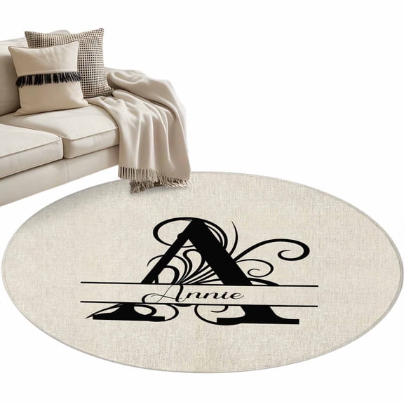 Letter A Round Area Rug 4ft, Monogram Words Washable Non-Slip Circle Rugs for Bedroom Living Room Kitchen, Soft Non Shedding Circle Carpet for Dining Room Dorm
