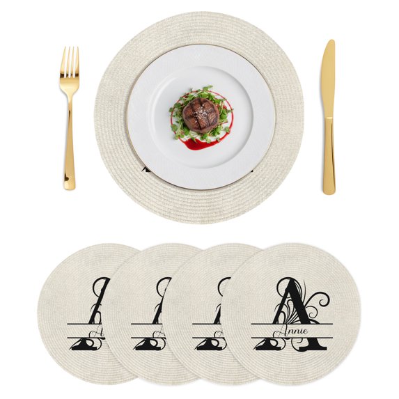 Letter A Round Placemats Set of 4, Braided Polypropylene Place Mats, Monogram Words Washable Table Mats for Kitchen Dinner Holiday Wedding Party Coffee Table Decoration 15"