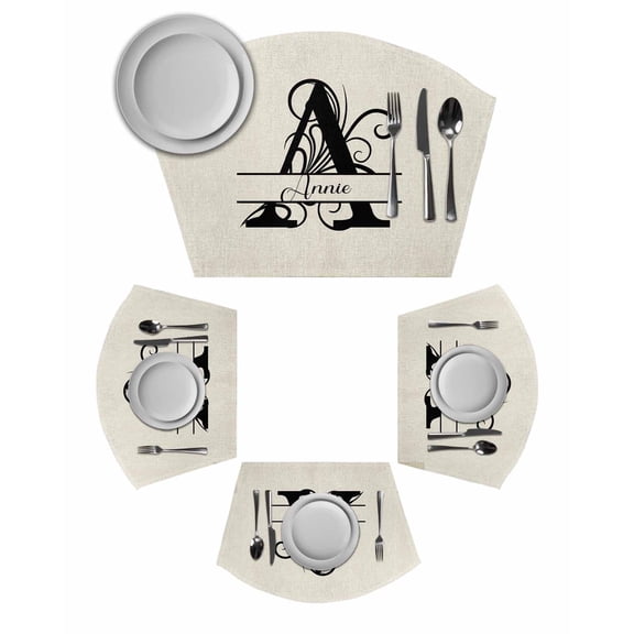 Letter A Round Table Placemats Set of 2 Wedge Placemats, Monogram Words Place Mats for Dining Table Set Washable Mats Kitchen Decor for Indoor Outdoor Wipe Clean