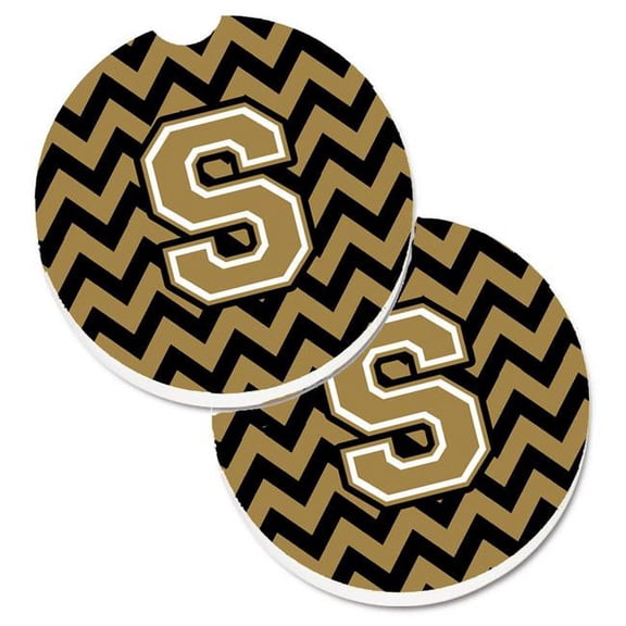 Letter S Chevron Black & Gold Set of 2 Cup Holder Car Coaster