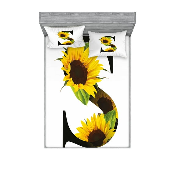 Letter S Fitted Sheet & Pillow Sham Set, Flora Elements Sunflowers on Dark Colored Abstract Art Print, Decorative Printed 6 Piece Bedding Decor Set, Full, Yellow Green Black, by Ambesonne
