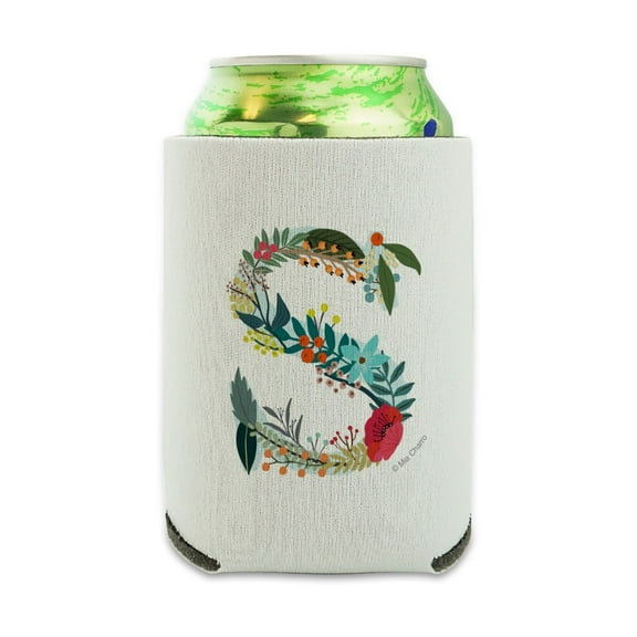 Letter S Floral Monogram Initial Can Cooler - Drink Sleeve Hugger Collapsible Insulator - Beverage Insulated Holder