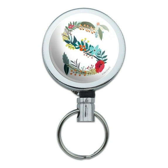 Letter S Floral Monogram Initial Heavy Duty Metal Retractable Reel ID Badge Key Card Tag Holder with Belt Clip