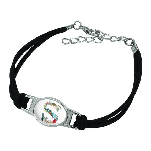 Letter S Floral Monogram Initial Novelty Suede Leather Metal Bracelet