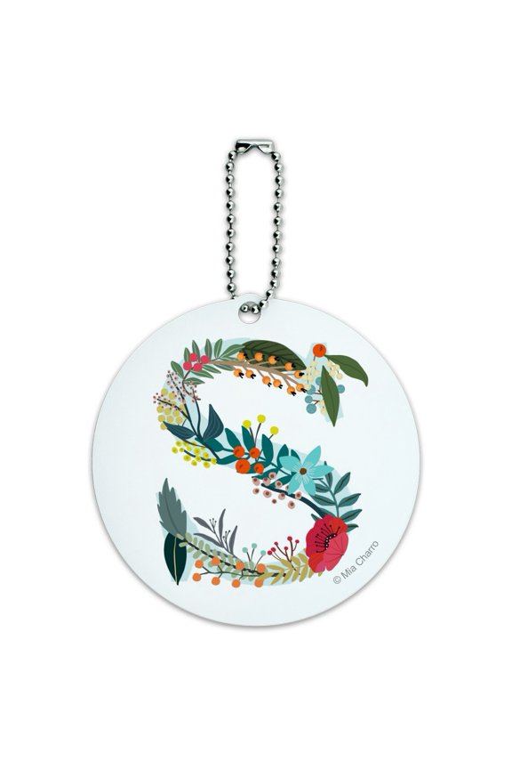 Letter S Floral Monogram Initial Round Luggage ID Tag Card Suitcase Carry-On