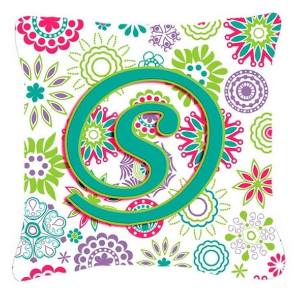 Letter S Flowers Pink Teal Green Initial Canvas Fabric Decorative Pillow
