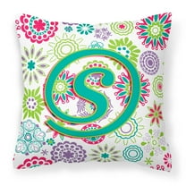 Letter S Flowers Pink Teal Green Initial Fabric Decorative Pillow